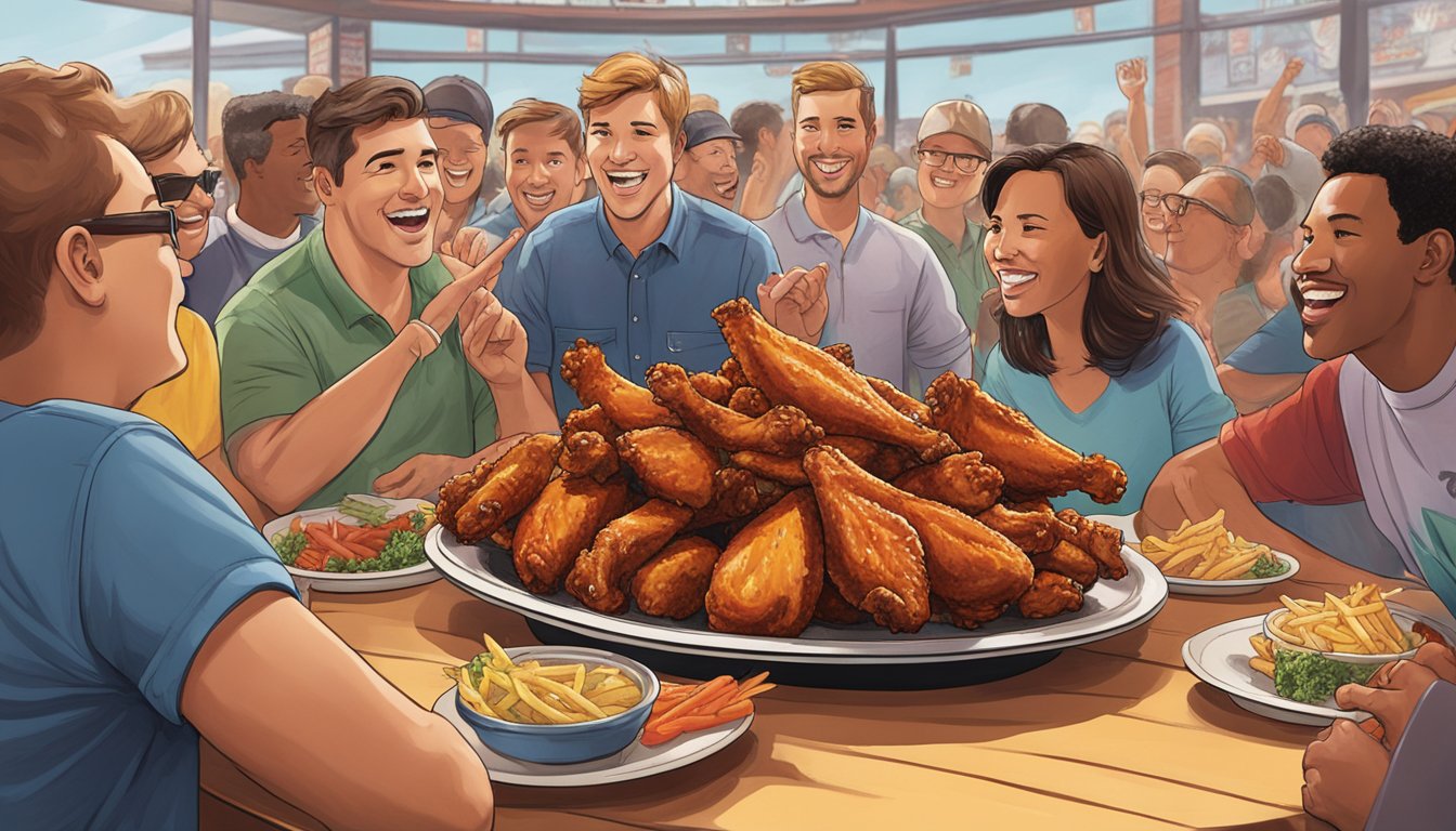 A towering plate of fiery chicken wings, surrounded by cheering onlookers, sits on a table at Wacko’s Heartland Grill