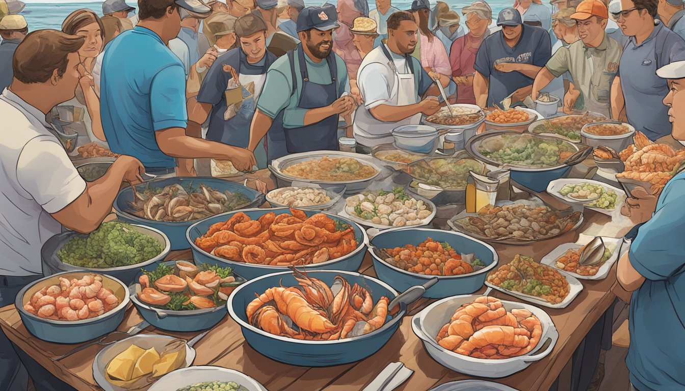 A table filled with a variety of fresh seafood dishes, surrounded by eager onlookers at the Slightly North of Broad's Seafood Spread Showdown in South Carolina