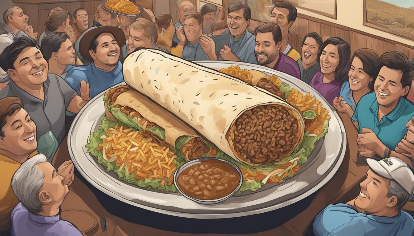 A massive burrito on a plate, surrounded by onlookers at Jacky's Restaurant in South Dakota