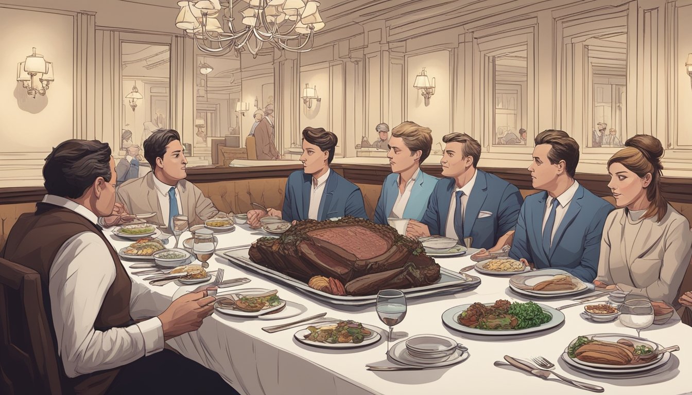 A table with empty plates and a large pile of prime rib, surrounded by concerned diners