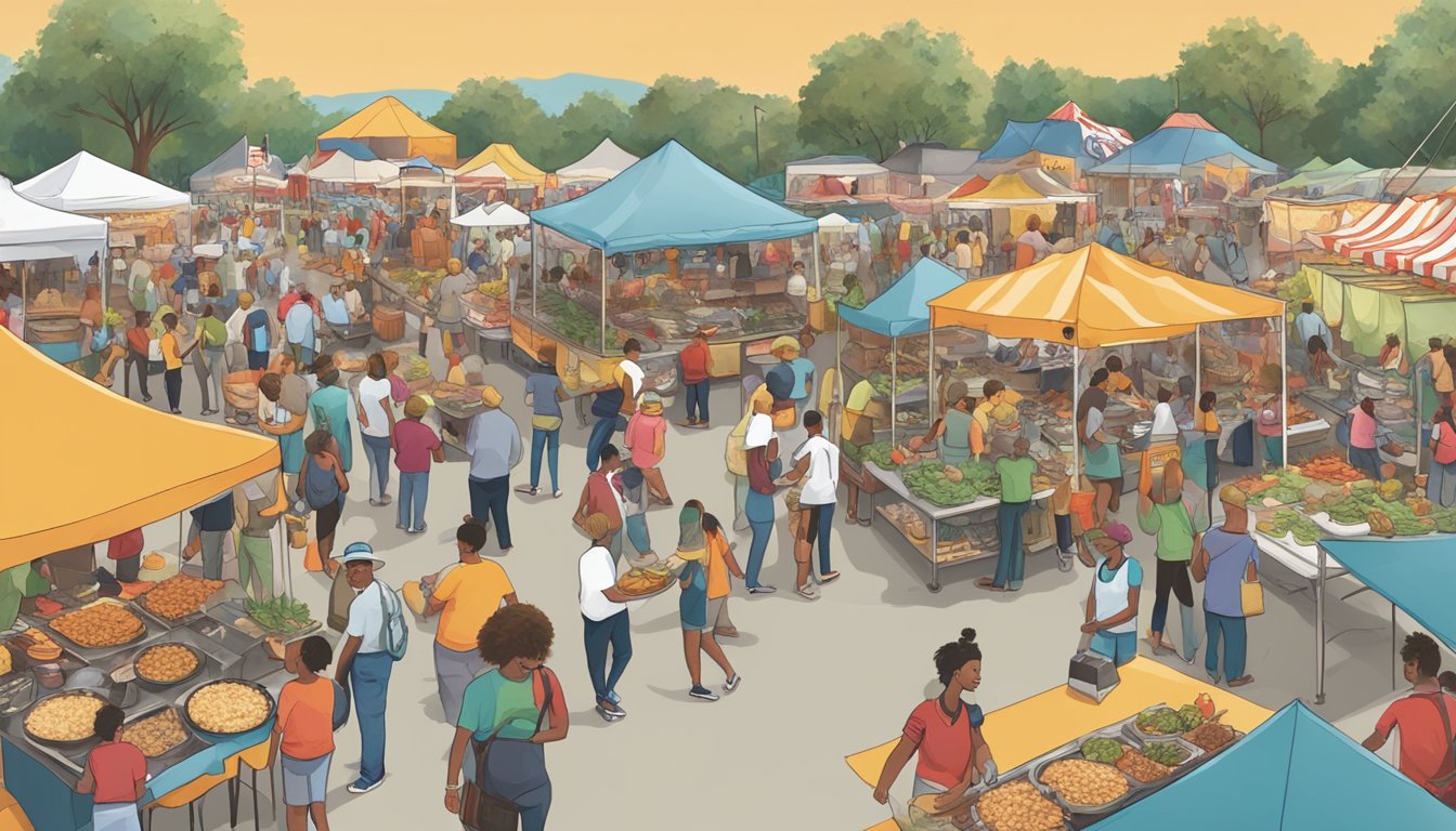 A bustling food festival in South Carolina, with vendors showcasing massive food challenges and eager participants attempting to conquer the oversized dishes