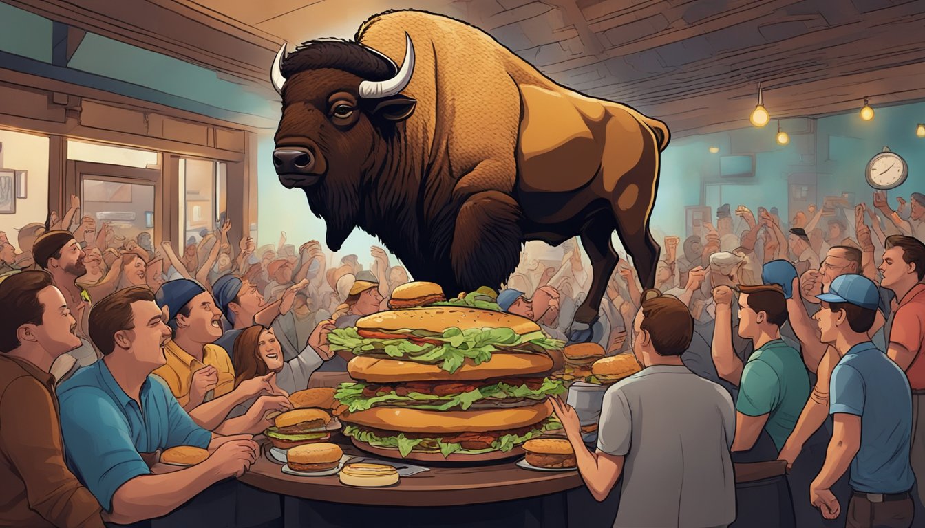 A massive bison burger towers on a plate, surrounded by a crowd of cheering onlookers in the lively atmosphere of The Attic Bar & Grill