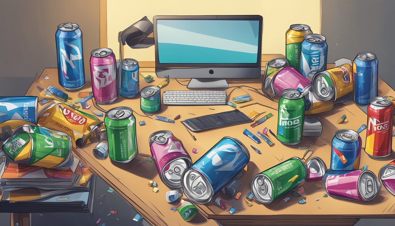 A cluttered desk with multiple empty NOS energy drink cans scattered around