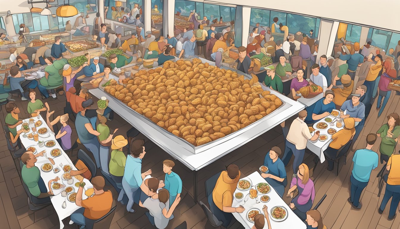 A crowded restaurant with a large sign advertising food challenges. Tables filled with spectators watching participants attempt to conquer massive food portions