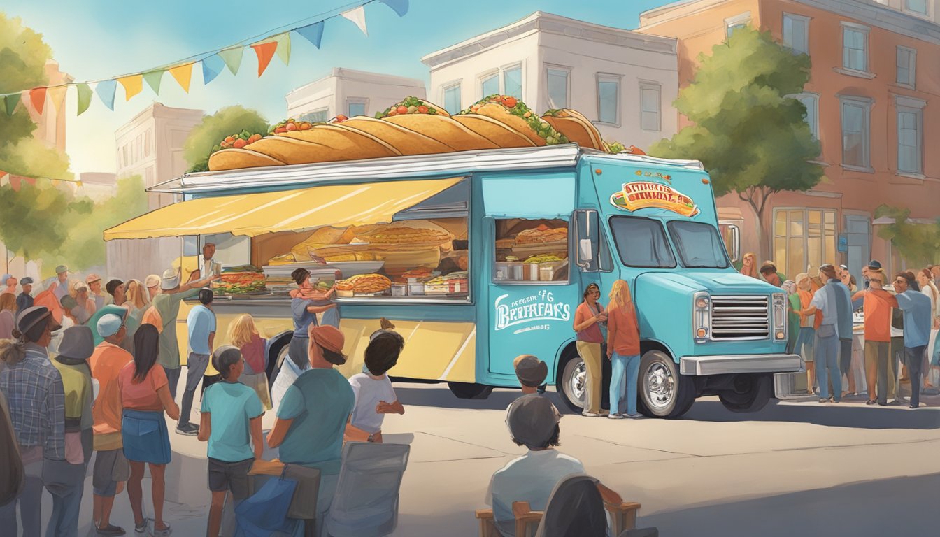 A giant breakfast burrito being served from the Chevy's Catering & Food Truck, surrounded by eager onlookers and a festive atmosphere