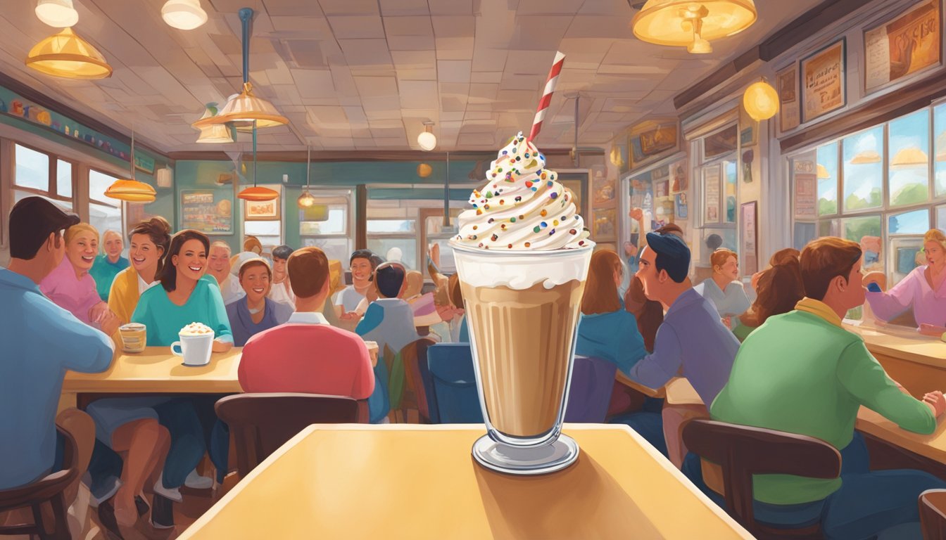 A towering coffee milkshake with whipped cream and sprinkles sits on a table, surrounded by cheering onlookers in a lively Rhode Island diner