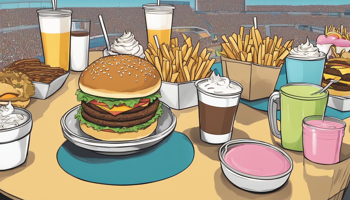 A table filled with oversized burgers, mountains of fries, and towering milkshakes at a South Dakota food challenge event