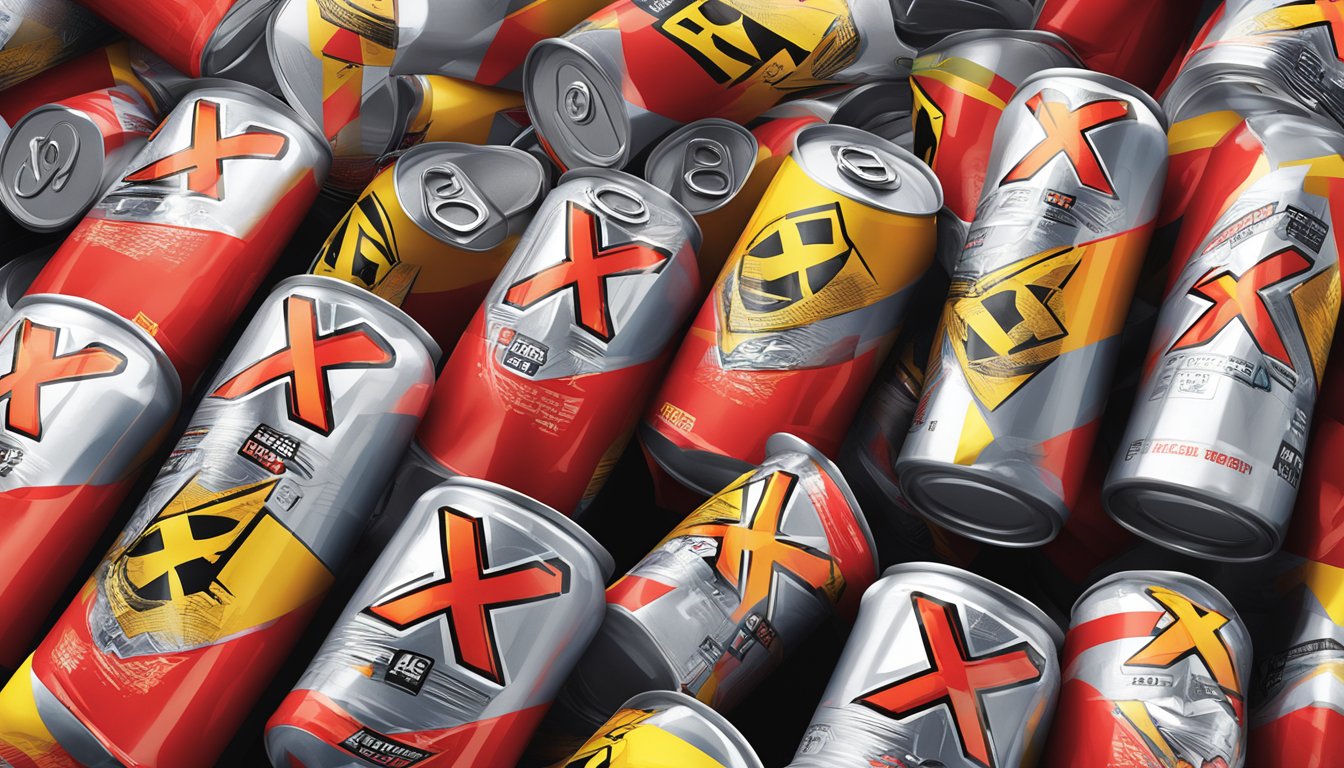 A stack of NOS energy drink cans with a large red "X" over them, surrounded by caution tape and warning signs