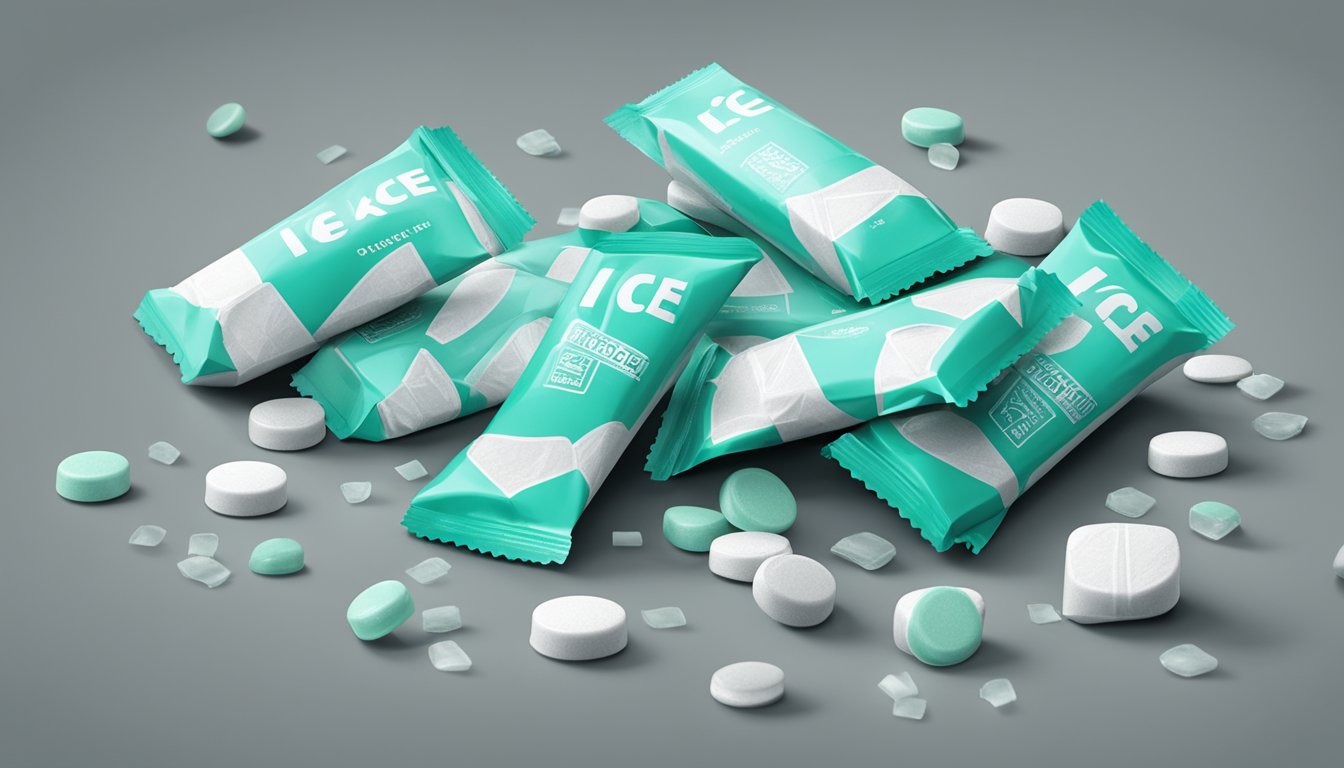 Several open packs of Ice Breakers mints scattered across a table, with empty wrappers and a few loose mints