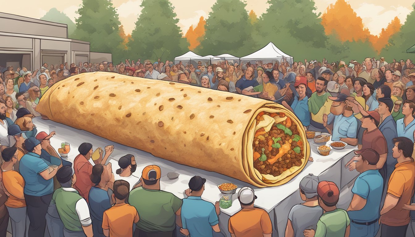 A massive, fiery burrito surrounded by onlookers at an Oregon food challenge event