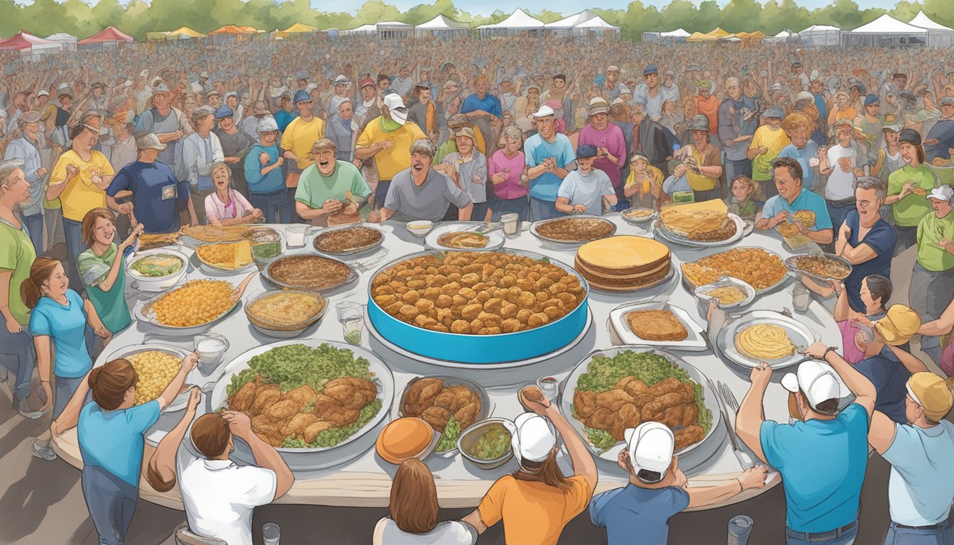 A bustling food challenge event in South Dakota, with competitors and spectators gathered around oversized plates of food, cheering and capturing the action