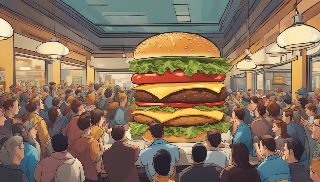 A towering burger with multiple patties, cheese, lettuce, and tomatoes, surrounded by a crowd of onlookers in a bustling restaurant