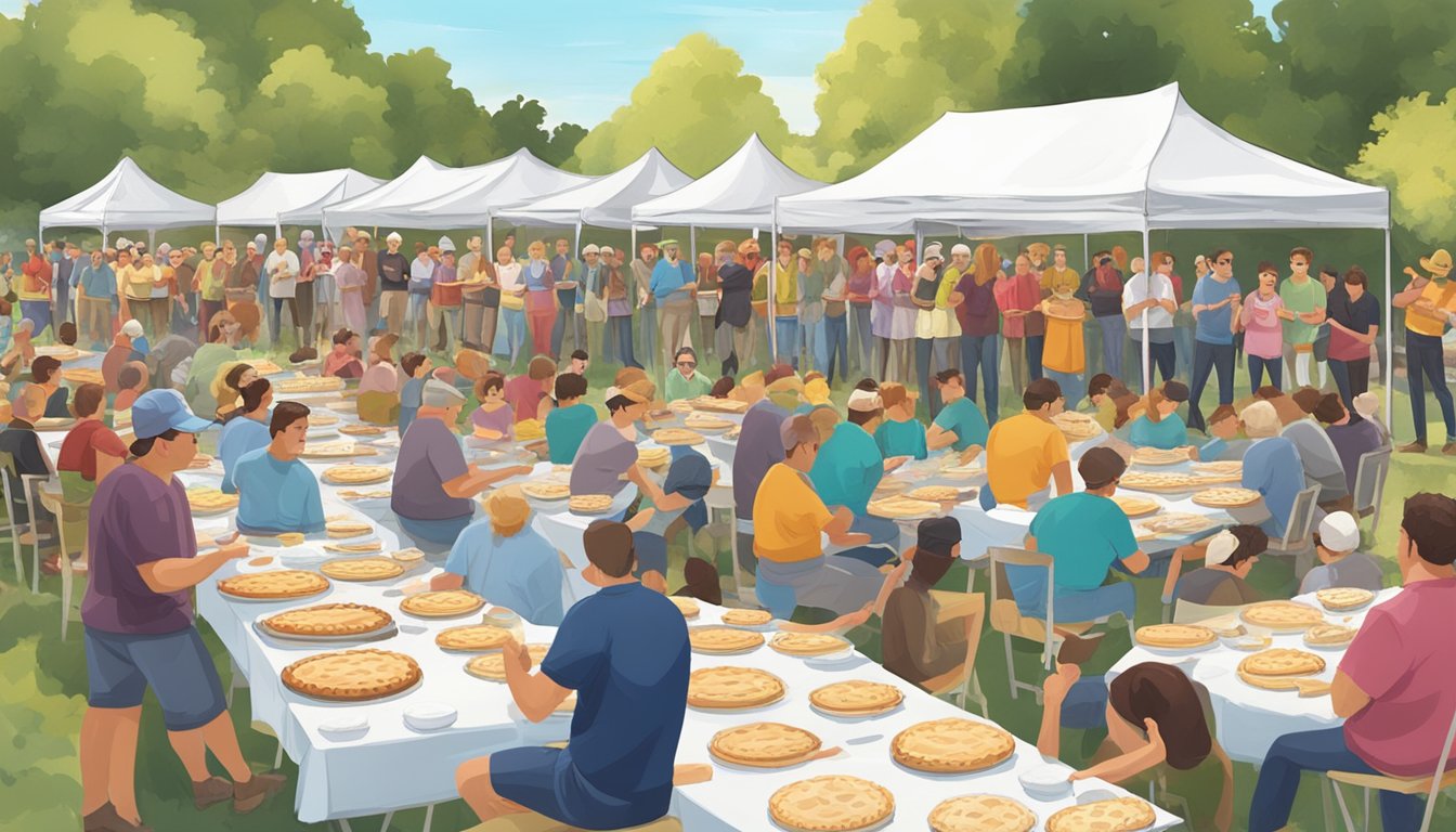 A crowded outdoor event with a row of tables set up for a pie eating contest. Participants and spectators gather around, with a festive atmosphere