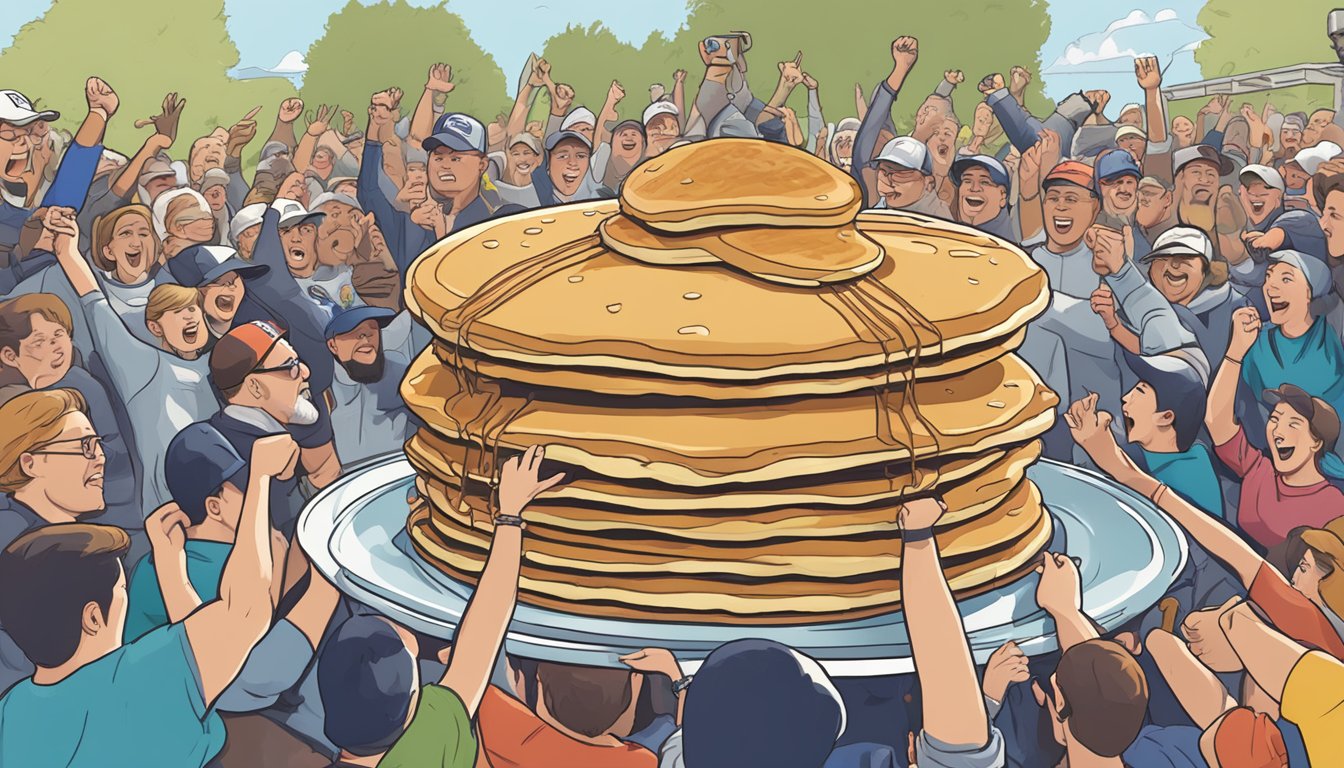 A towering stack of oversized pancakes surrounded by cheering spectators at the Salem Giant Pancake Challenge in Oregon