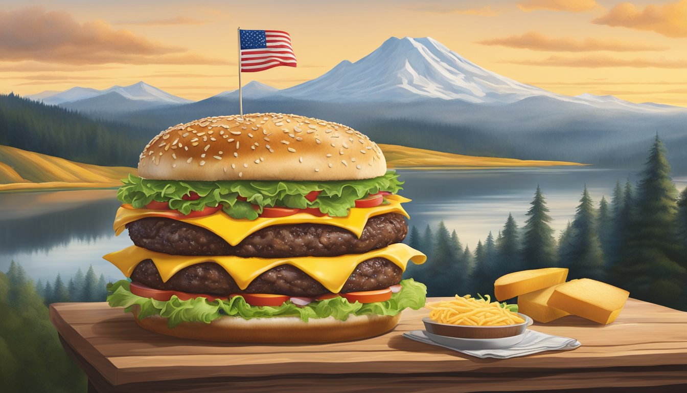 A towering cheeseburger challenge with multiple layers of Tillamook cheese, juicy patties, and fresh toppings, set against the backdrop of an Oregon landscape