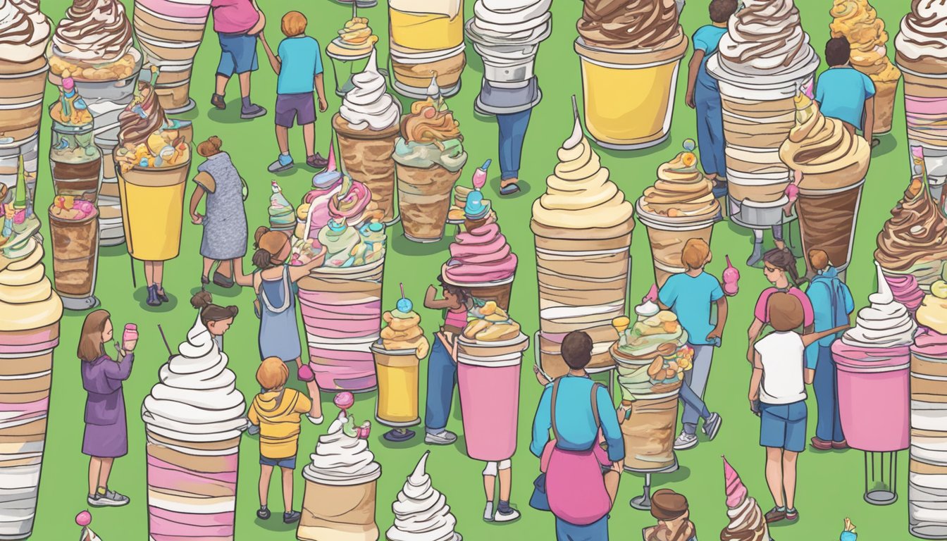 A towering display of oversized milkshakes fills a table at the Eugene Mega Milkshake Showdown, surrounded by eager onlookers and a festive atmosphere