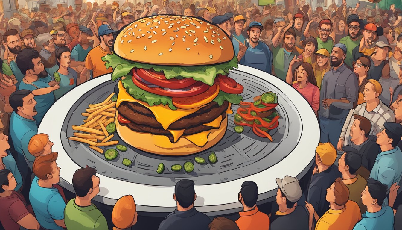 A towering Hellfire Burger sizzling on a grill, topped with fiery hot sauce, jalapenos, and melting cheese, surrounded by a crowd of eager onlookers