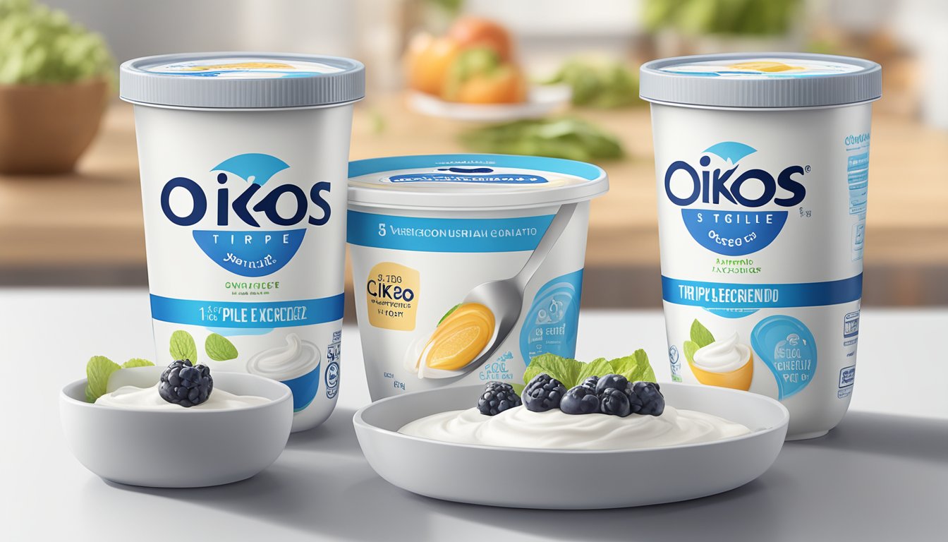 A table with 3 containers of Oikos Triple Zero Greek Yogurt, a nutrition label, and a hand-written note indicating "exceeding recommended intake."