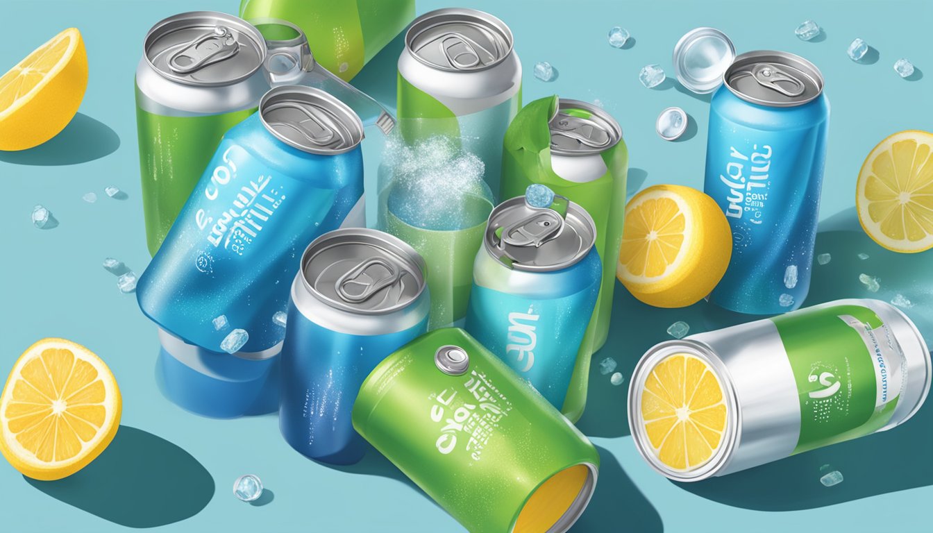 A table with multiple empty Spindrift sparkling water cans scattered around, surrounded by a few full cans and a measuring cup