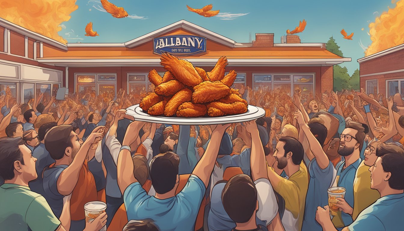 A towering plate of fiery hot wings surrounded by cheering onlookers at Albany Atomic Hot Wings