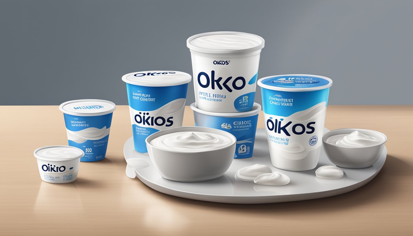 A table with multiple containers of Oikos Triple Zero Greek yogurt, some empty, indicating excessive consumption