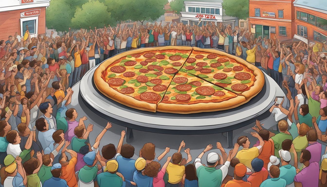 A giant pizza on a scale with a crowd cheering at Joe's Pizza in Pennsylvania