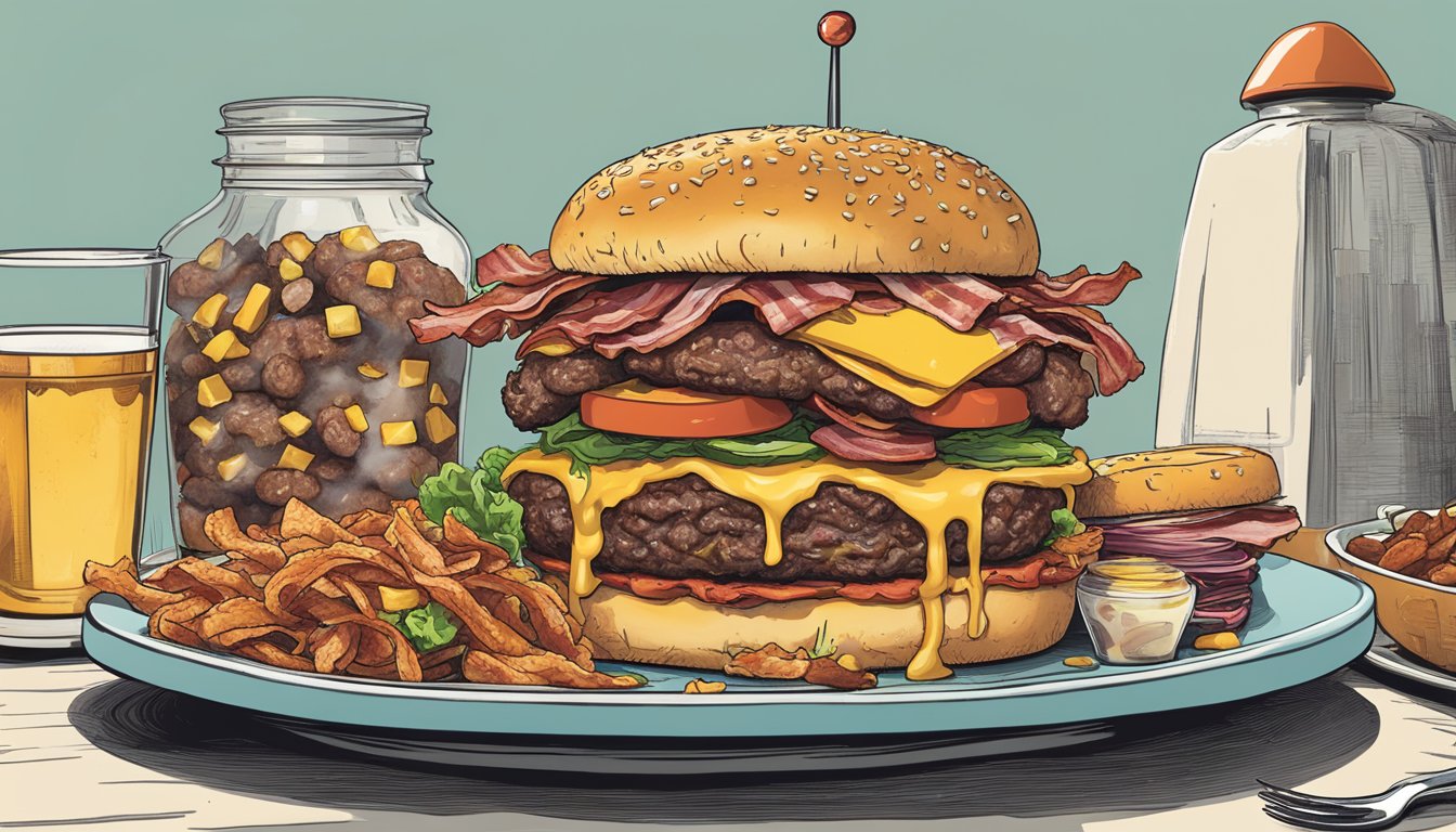 A towering Medford Meat Monster Burger looms over a plate, piled high with juicy patties, cheese, bacon, and all the fixings