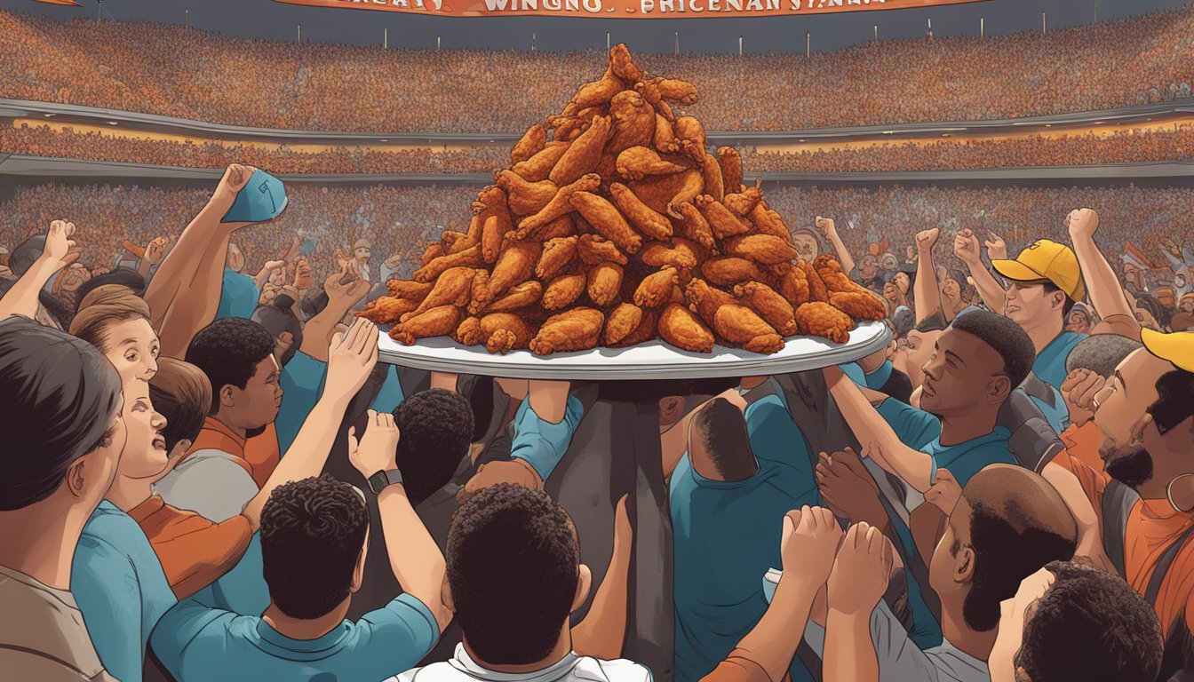 A towering mountain of spicy chicken wings surrounded by cheering spectators at Winghart's Pennsylvania