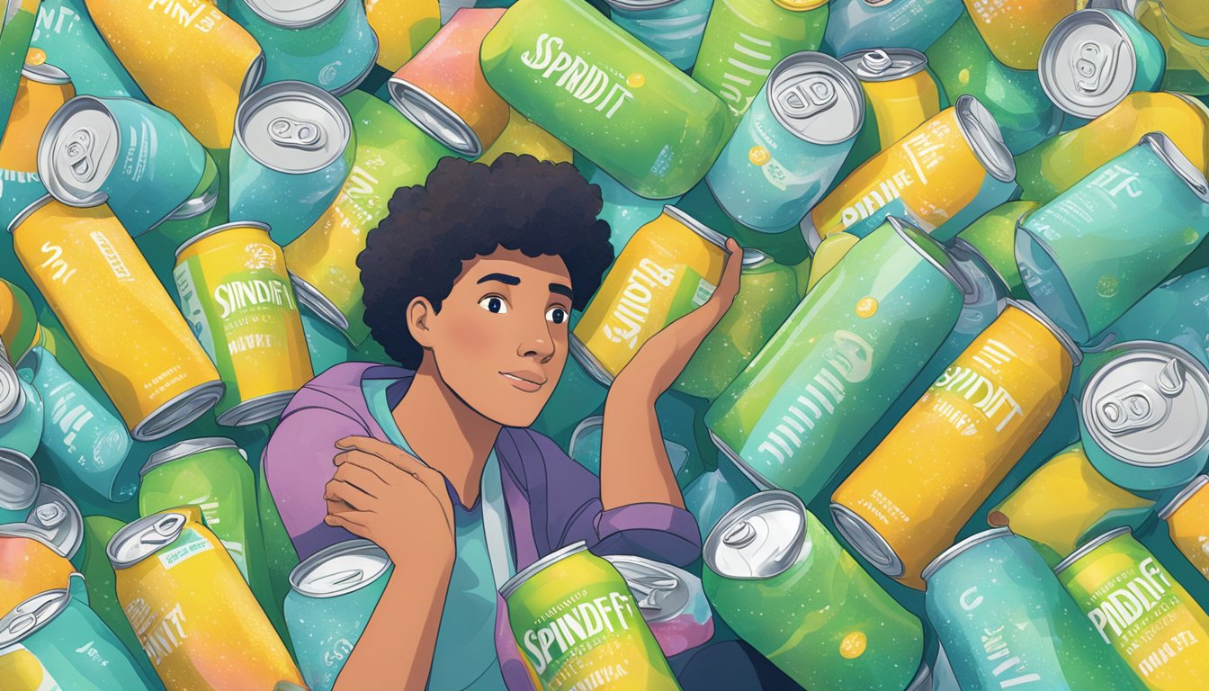 A person surrounded by empty cans of Spindrift sparkling water, looking overwhelmed