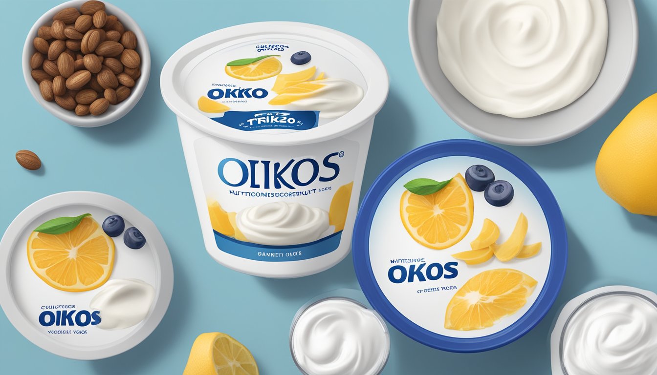 A table with multiple containers of Oikos Triple Zero Greek yogurt, a nutrition label, and a calculator showing servings exceeding recommended intake