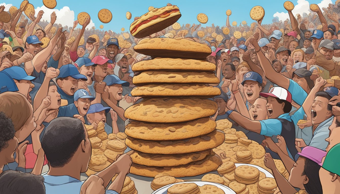 A massive stack of oversized biscuits piled high with various toppings, surrounded by cheering spectators at The Big Biscuit in Oklahoma