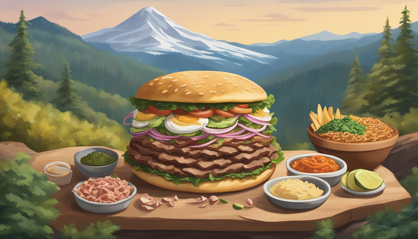 A towering mountain of gyro meat, pita, and toppings, surrounded by a lush Oregon landscape