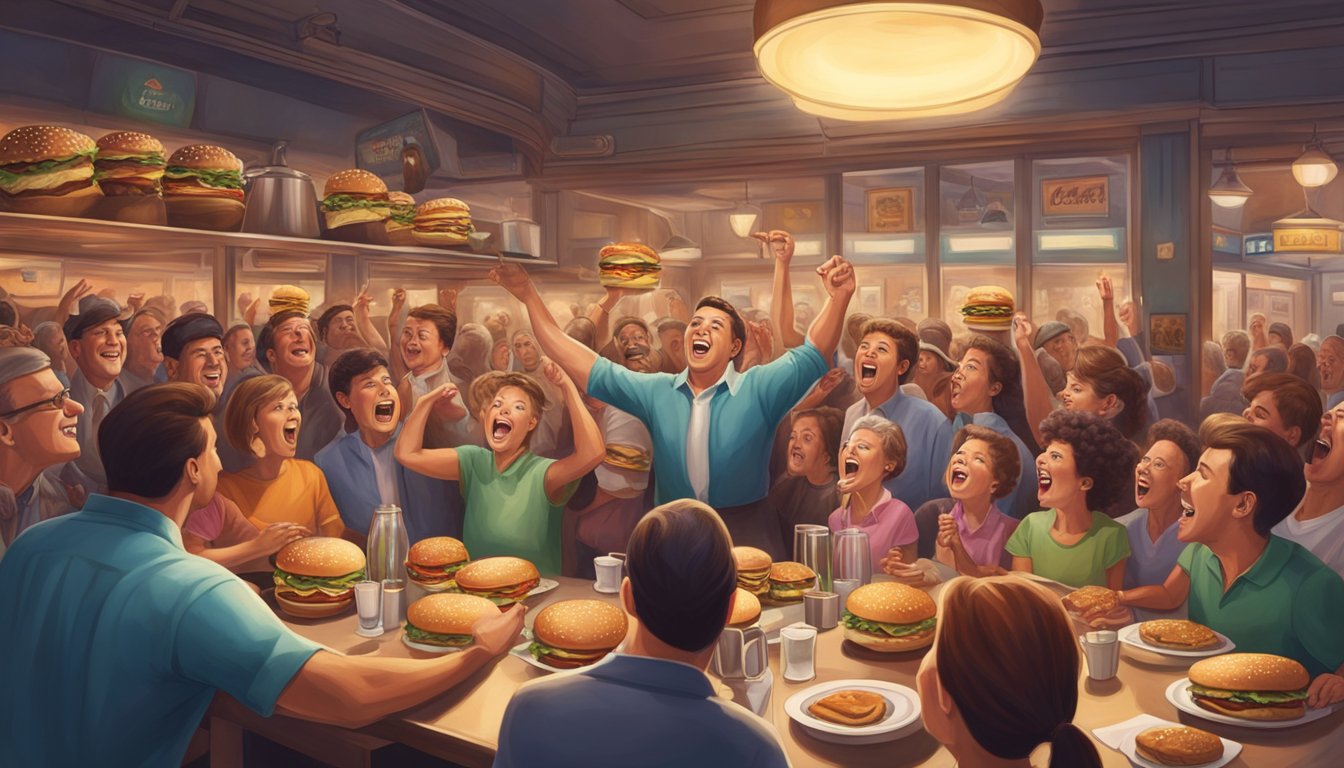 A towering burger surrounded by cheering onlookers in a crowded diner