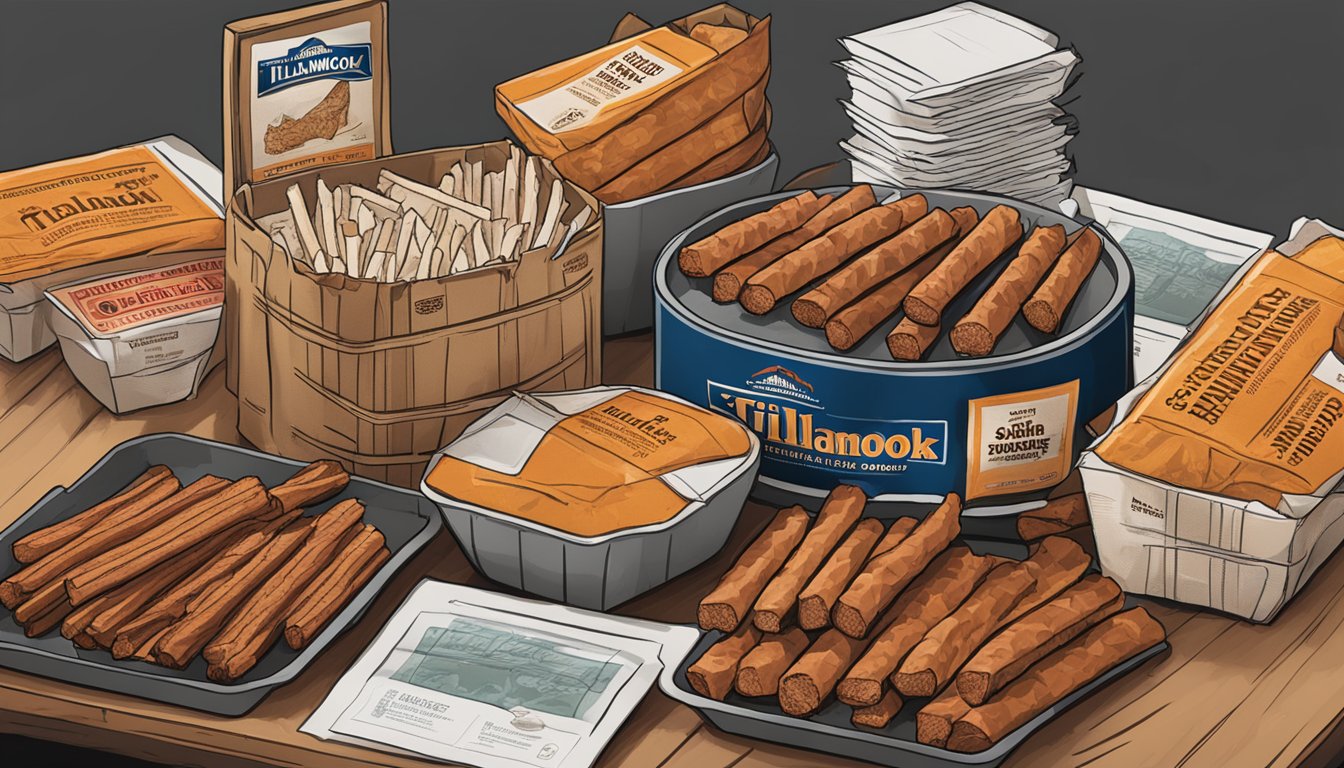 A table covered with opened packages of Tillamook Country Smoker meat sticks, some empty, some partially eaten