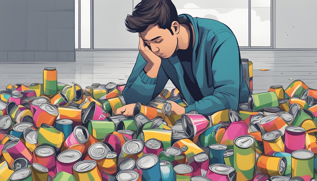 A table with multiple empty Spindrift cans scattered around, some knocked over, and a person looking overwhelmed by the amount consumed