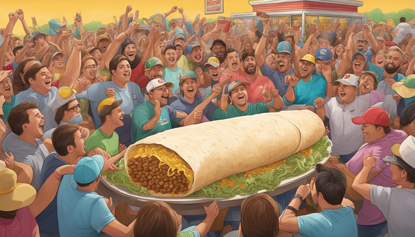 A giant burrito surrounded by cheering spectators at Fuzzy's Taco Shop, Oklahoma