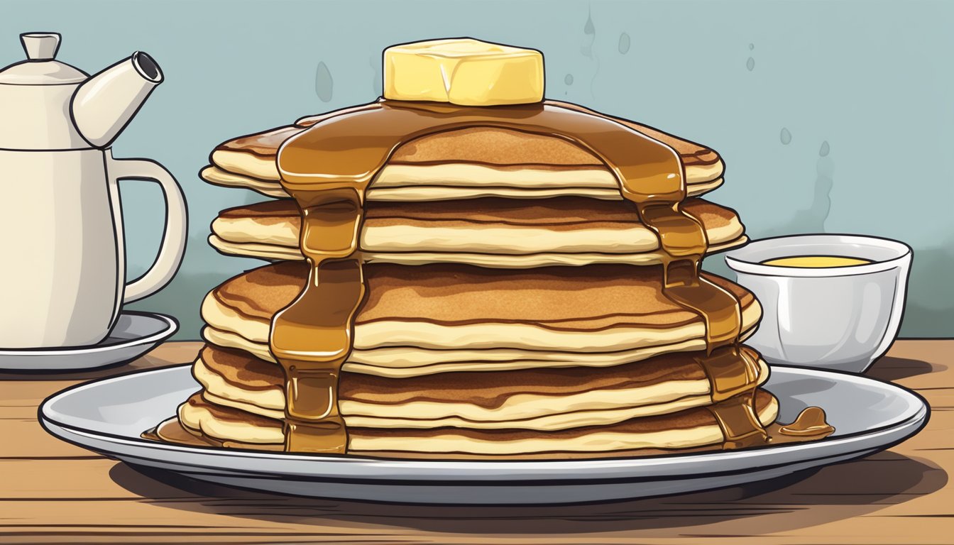 A towering stack of steaming Redmond hotcakes, topped with butter and dripping with syrup, sits on a plate, ready for the Oregon food challenge