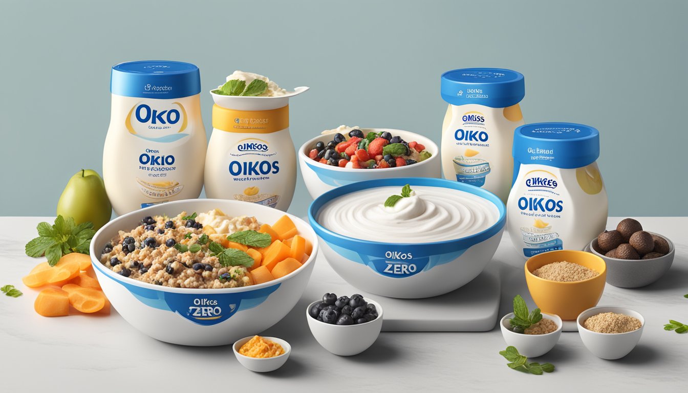 A table with multiple bowls of Oikos Triple Zero Greek yogurt, surrounded by various meal ingredients and recipe cards