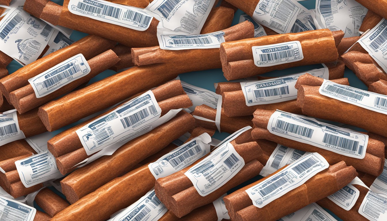 A pile of Tillamook Country Smoker meat sticks, with a nutrition label and a question mark