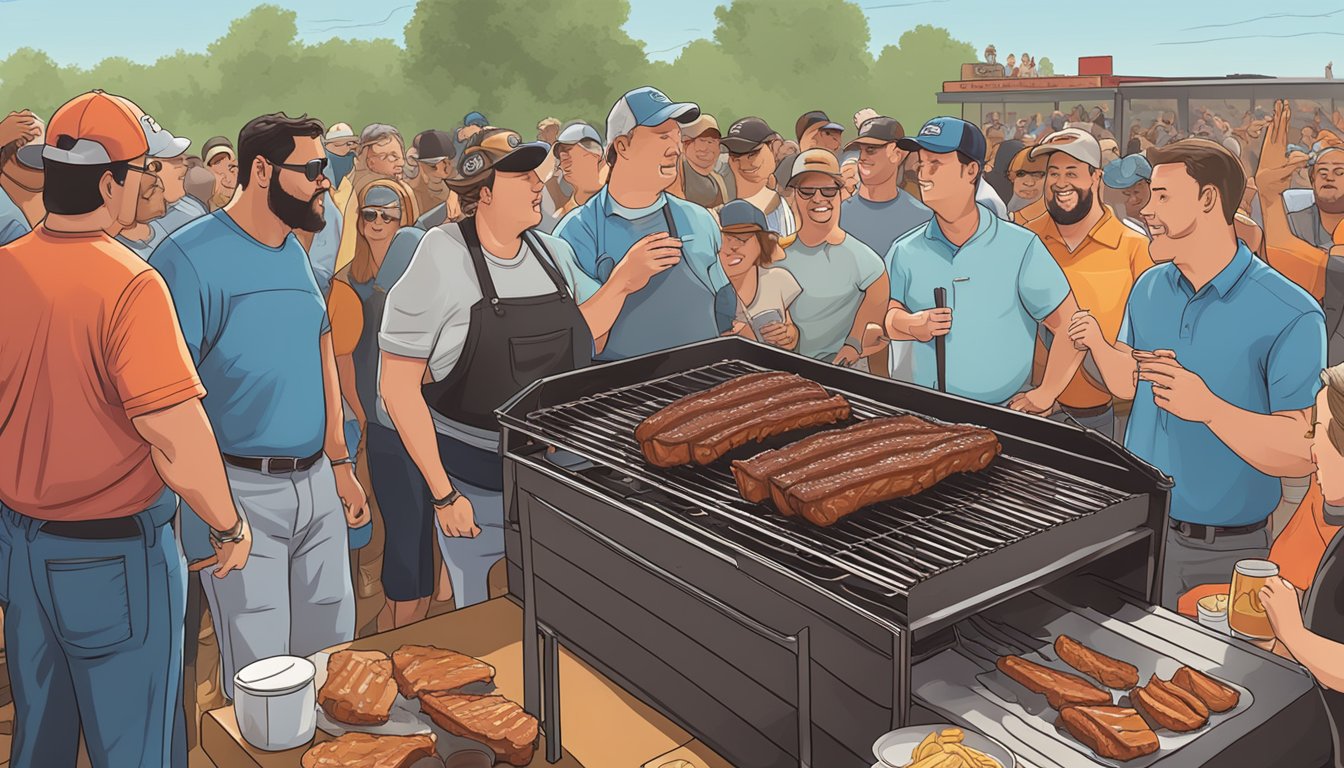 A sizzling rack of BBQ ribs on a smoky grill, surrounded by eager onlookers at Woody's Smokin' BBQ Rib Challenge in Pennsylvania