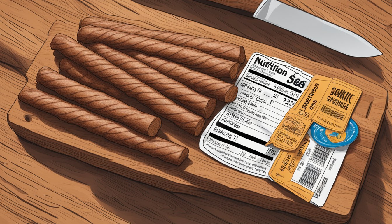 A collection of Tillamook Country Smoker meat sticks piled high on a wooden cutting board, with a nutrition label and a hand reaching for one