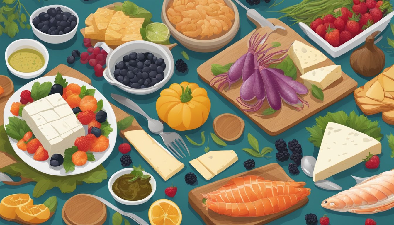 A table set with a variety of Oregon foods, including fresh seafood, berries, and artisan cheeses, surrounded by colorful local produce and cooking utensils