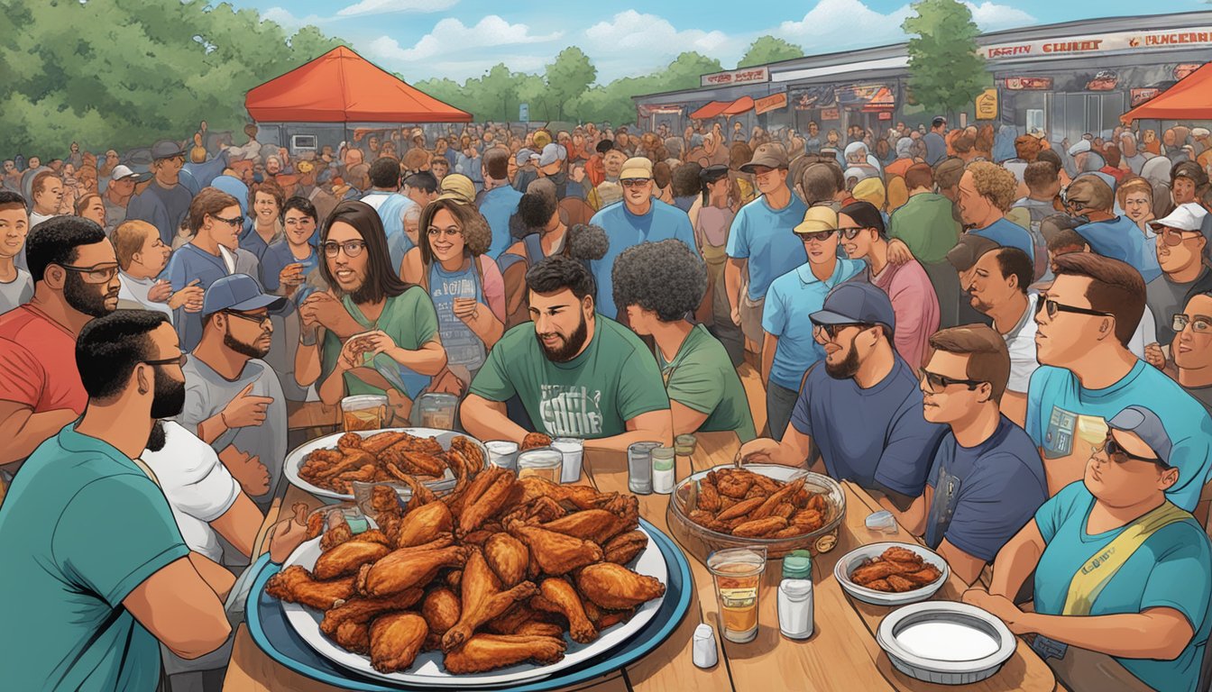 A large platter of spicy chicken wings surrounded by onlookers at The Dock's Atomic Wing Challenge in Pennsylvania