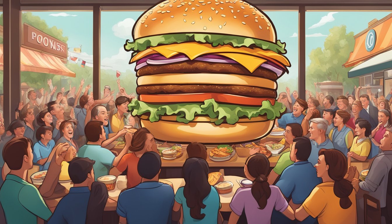 A towering burger surrounded by cheering onlookers in a lively restaurant setting