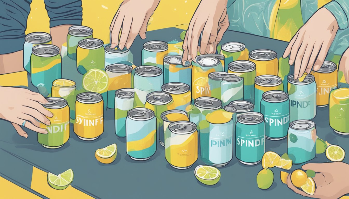 A table with multiple cans of Spindrift sparkling water, some empty, some half-full, and a person reaching for another can