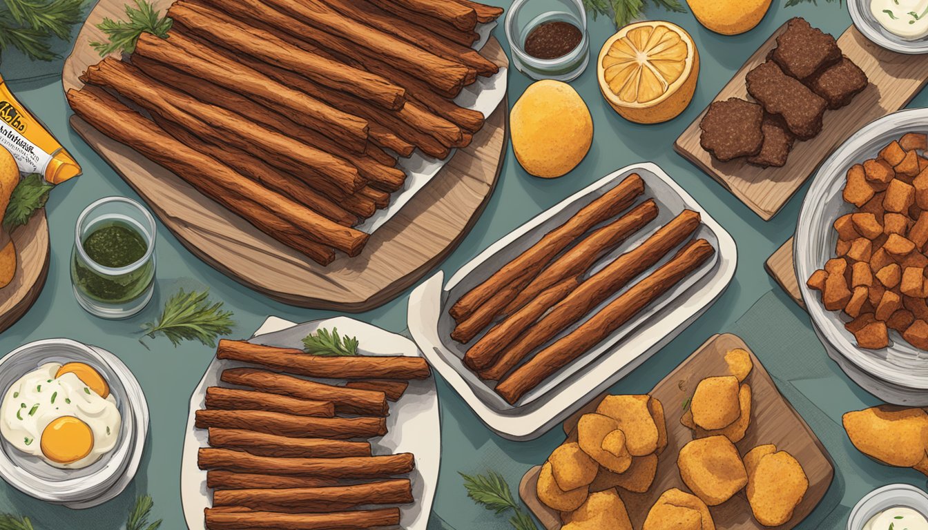 A table with multiple Tillamook Country Smoker meat sticks, some partially eaten