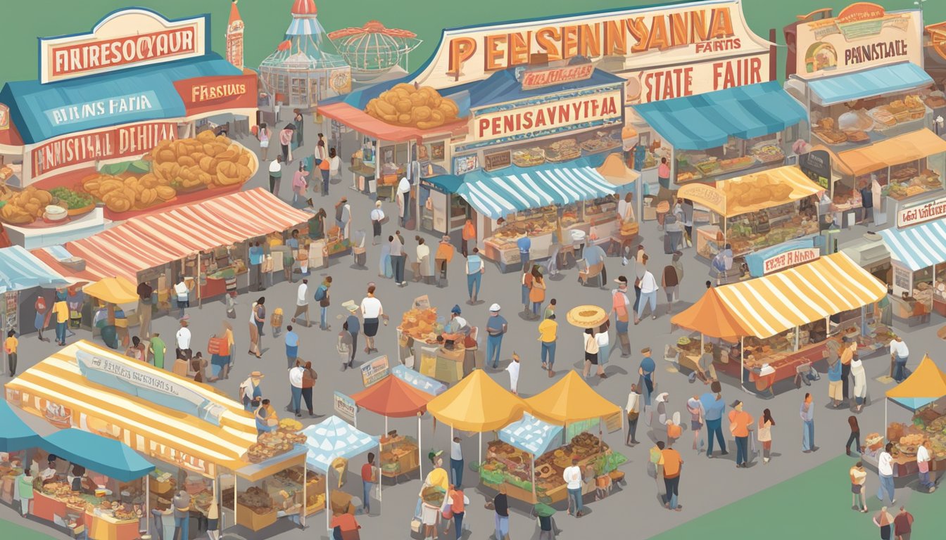 A crowded state fair with various food vendors selling oversized portions of iconic Pennsylvania dishes