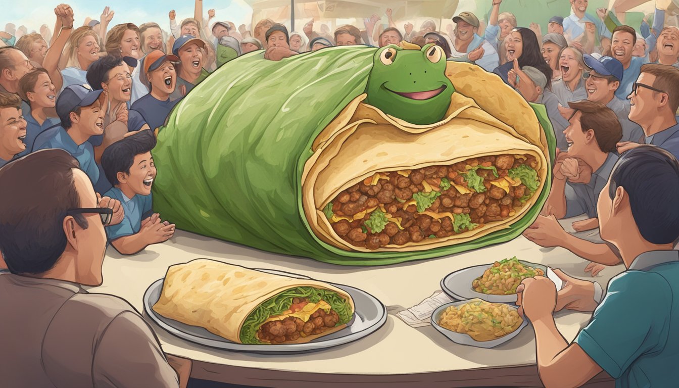 A giant burrito sits on a table surrounded by cheering spectators at The Hungry Frog