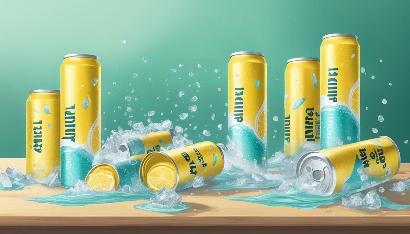 A table with multiple empty cans of spindrift sparkling water scattered around, indicating excessive consumption