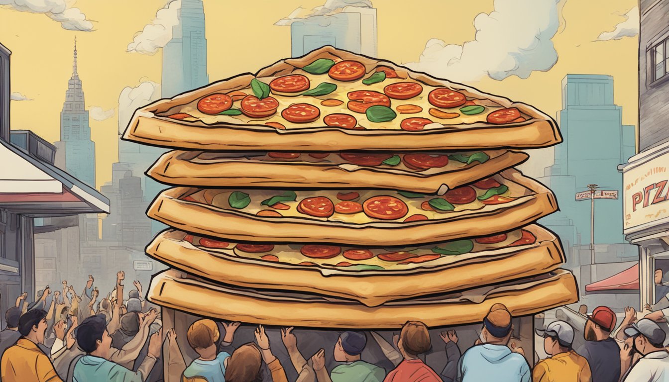 A towering stack of pizza boxes with a steaming, gooey pizza on top, surrounded by cheering onlookers at Fat Tony's Pizza